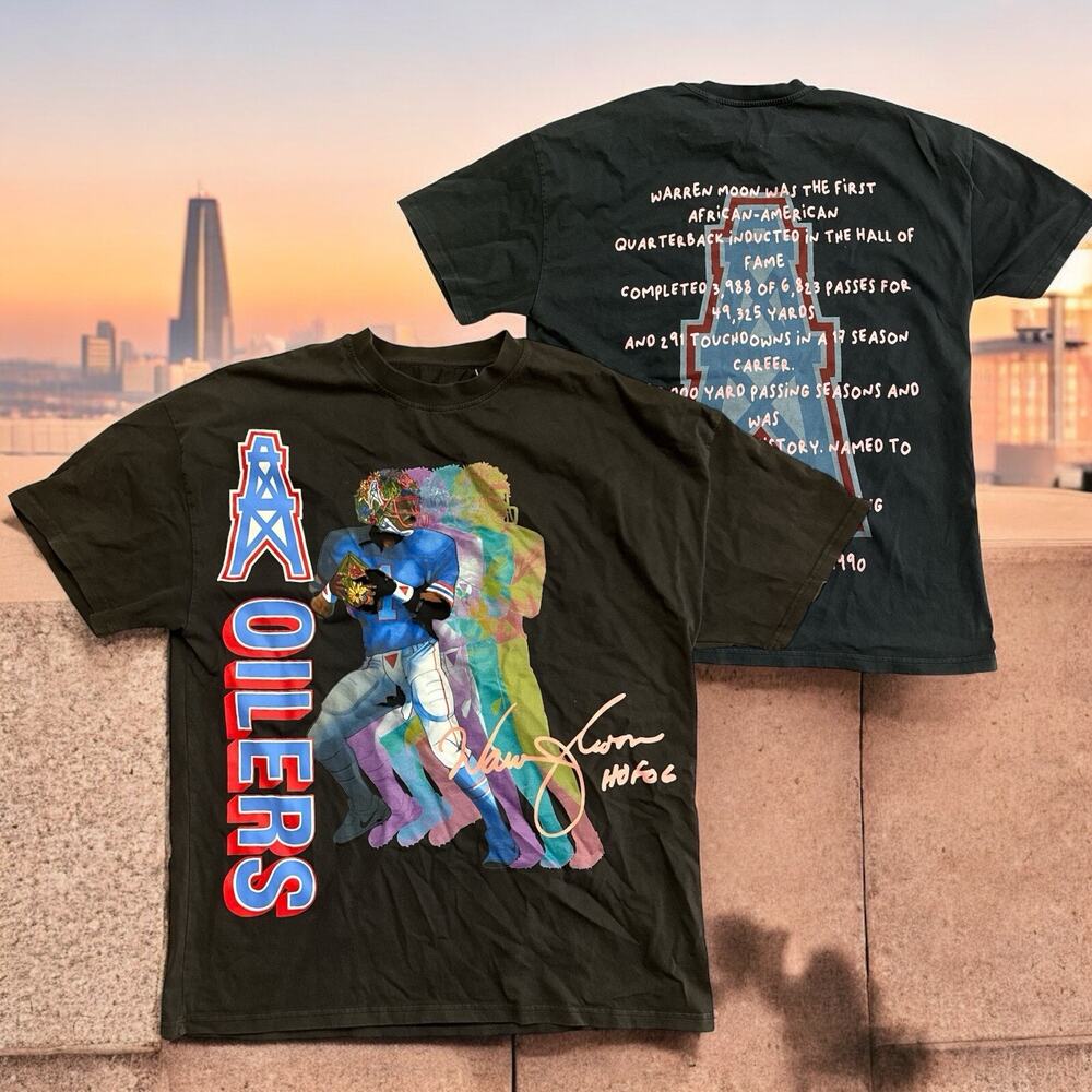 Warren Moon Houston Oilers Tee Shirt Hall Of Fame Accomplishments Size Medium